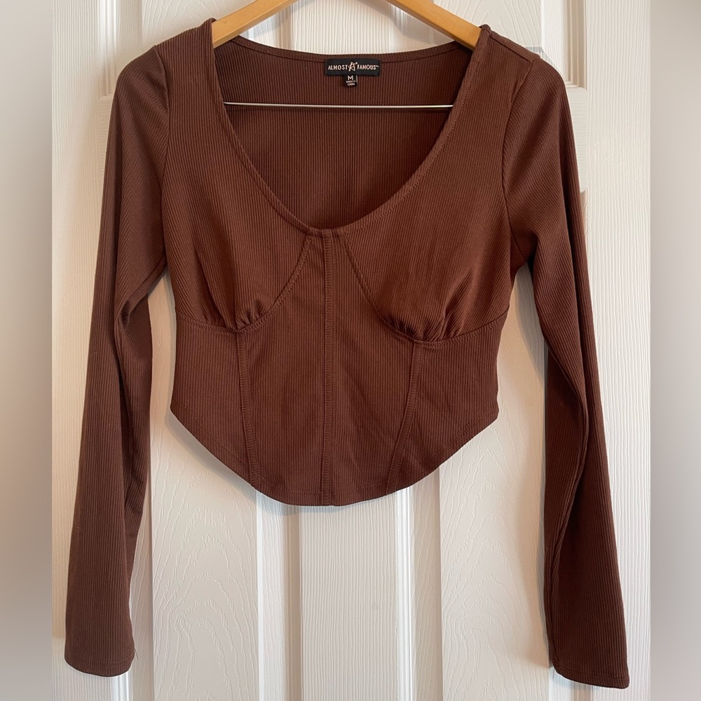 Almost Famous Brown Long Sleeve Crop Top Trendy Corset Shape - Size M